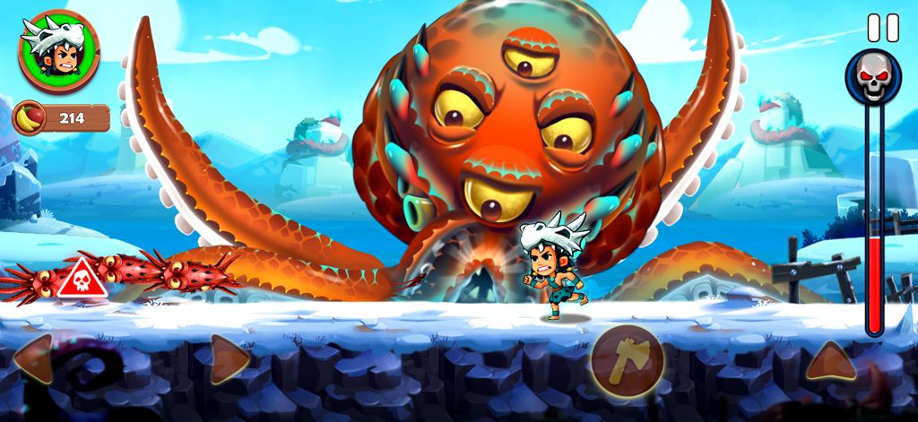 Jungle Adventures 4 - Addu fighting a giant multi-eyed octopus boss in Jungle Adventures 4