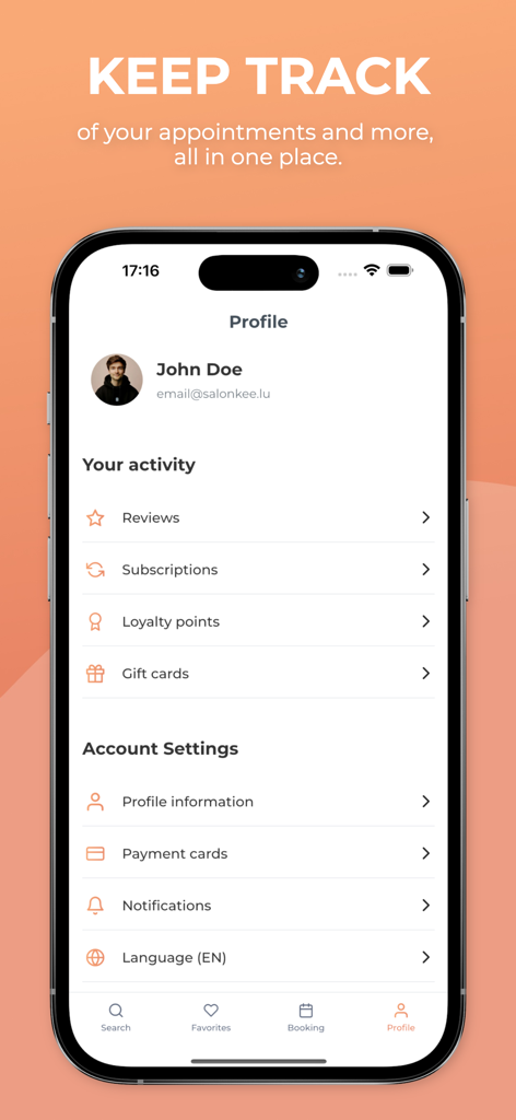 Salonkee: Find & Book Salons - Schermata del profilo utente dell'app Salonkee che mostra attività e impostazioni dell'account