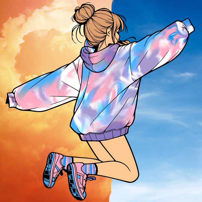 realistic girl jumping with a bun and oversized sweatshirt