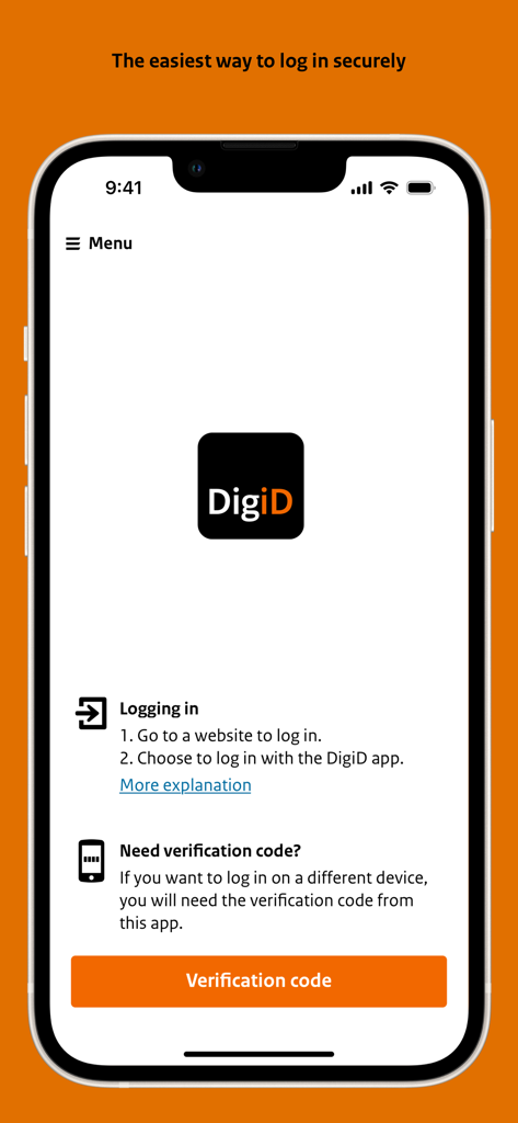 DigiD - DigiD mobile app interface showing login instructions and a verification code button on an iPhone.