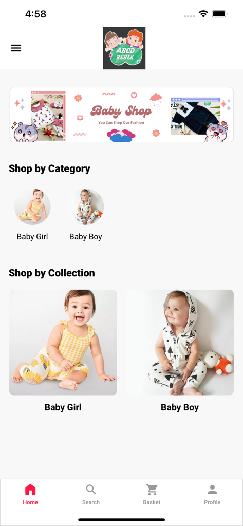 Home screen of ABCD Bebek app featuring baby girl and baby boy clothing collections
