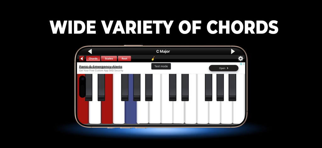 A smartphone screen displaying a piano keyboard with a C Major chord highlighted in the Piano Chords and Scales Lite app