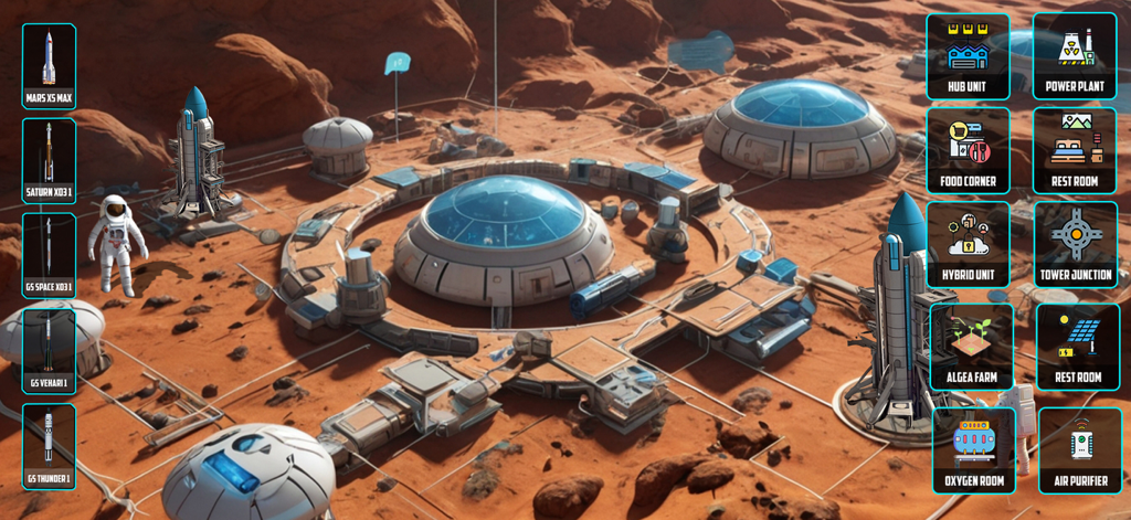 Bildschirm zur Konstruktion einer Marskolonie-Basis in Spaceship Rocket Simulator mit Raketen und Anlagermodulen auf einer Marsoberfläche