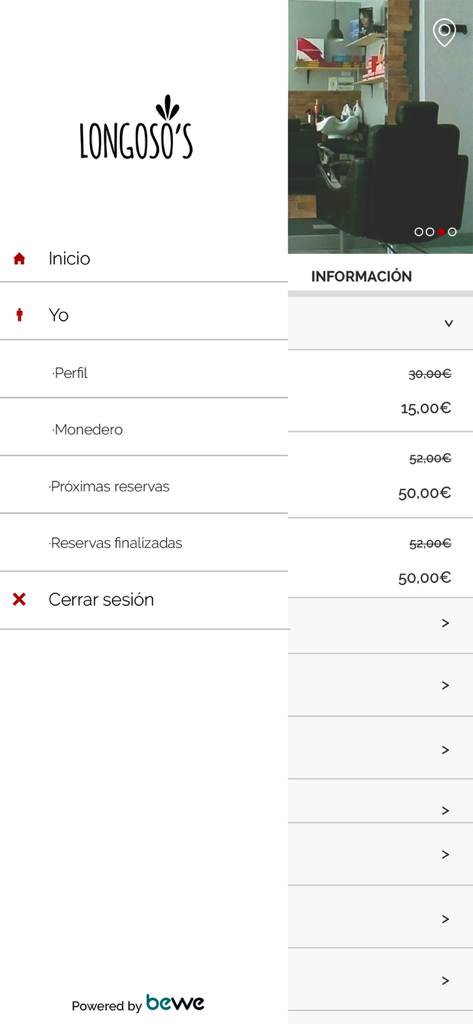 Bewe para clientes - The user interface of the Bewe para clientes app displaying the side navigation menu with booking and profile options