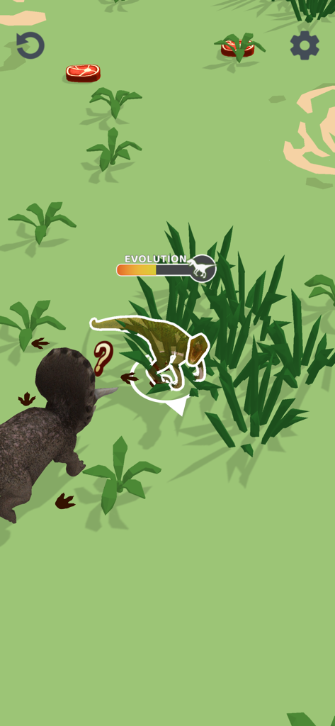 Dino Evolution 3D - A small green dinosaur hiding in tall grass with an evolution progress bar while a larger dinosaur searches nearby