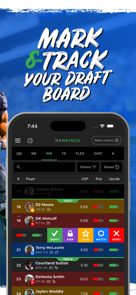 Fantasy Football Draft Kit UDK app interface showing player rankings and draft board tracking features