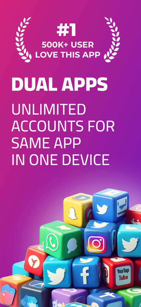 Promotion-Grafik für Dual Apps, die Social-Media-Symbole auf Würfeln und Text, der unbegrenzte Konten auf einem Gerät hervorhebt, zeigt.