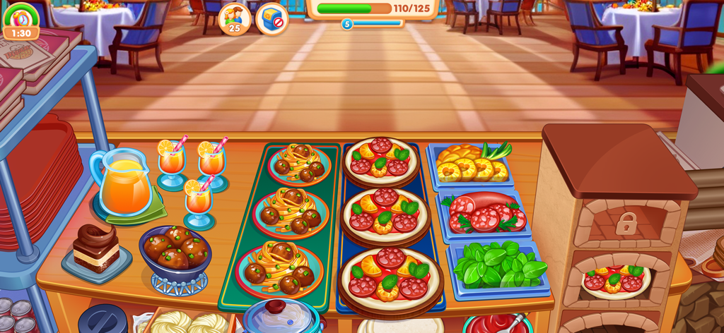 Cooking Star: American Food - In-game screenshot of Cooking Star American Food showing a busy kitchen counter with spaghetti meatballs and pepperoni pizzas