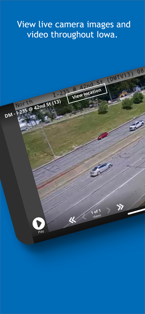 Iowa 511 - Iowa 511 app interface showing a live traffic camera feed of a highway in Iowa