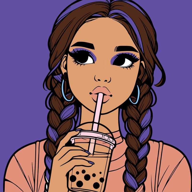 realistic girl with braided hair drinking boba