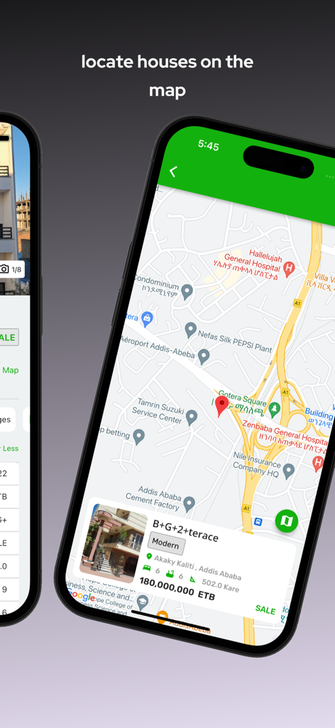 Bet Delala - Map view of the Bet Delala app showing house listings and locations in Addis Ababa Ethiopia