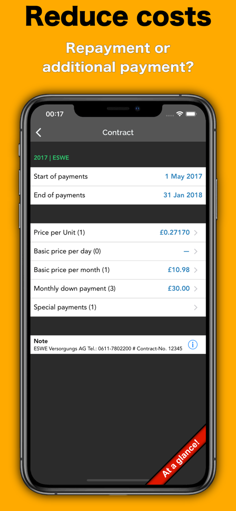 Interfaccia dell'app Energy Tracker che mostra i dettagli del contratto e dei pagamenti delle utenze