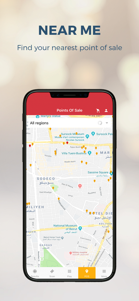LLDJ: La Libanaise Des Jeux - A smartphone showing a map of lottery points of sale in Beirut for the LLDJ app
