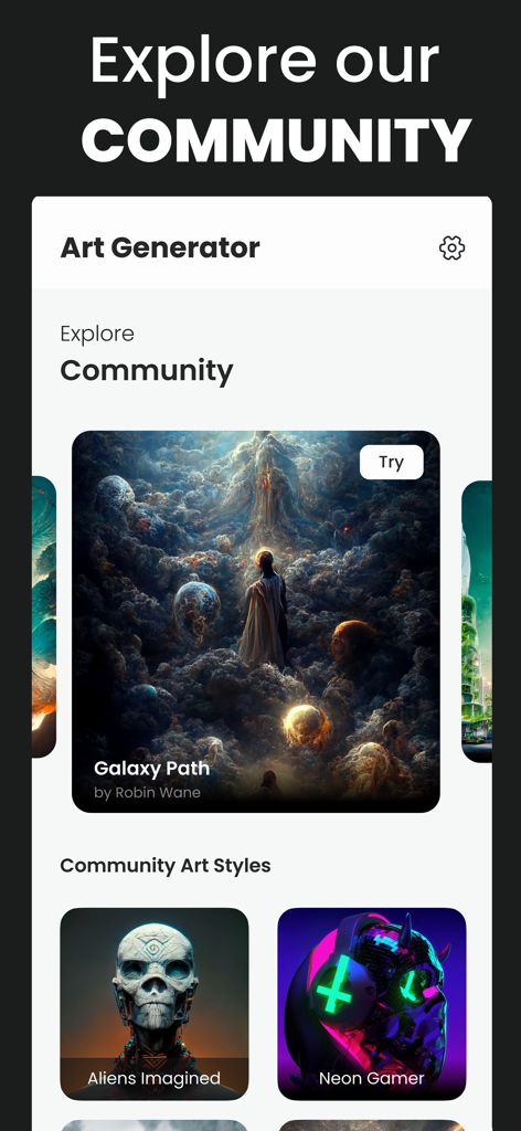 Dream AI: AI Picture generator - Dream AIアプリのインターフェース。AI生成されたアートワークと芸術スタイルのギャラリーが表示されたコミュニティ探求ページを示しています。