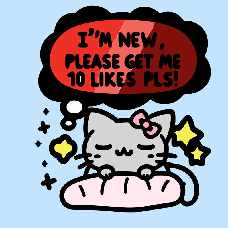 kitty taking a nap dream talking and saying "i'm new, please get me at least 10 likes pls!!"