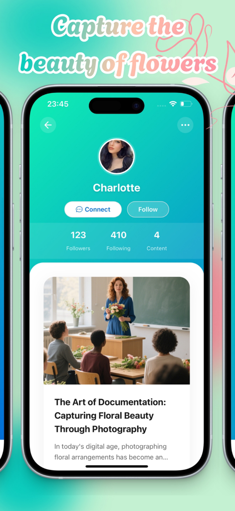 Halotalk——Video chat & share - A user profile screen in the Halotalk app showing the character Charlotte with options to connect and follow
