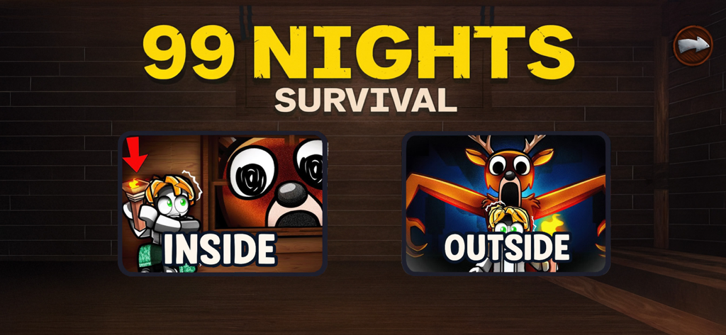 99 Nights : Forest Survival - Menú de selección de modos de juego interior y exterior de 99 Nights Forest Survival con un aterrador monstruo reno.
