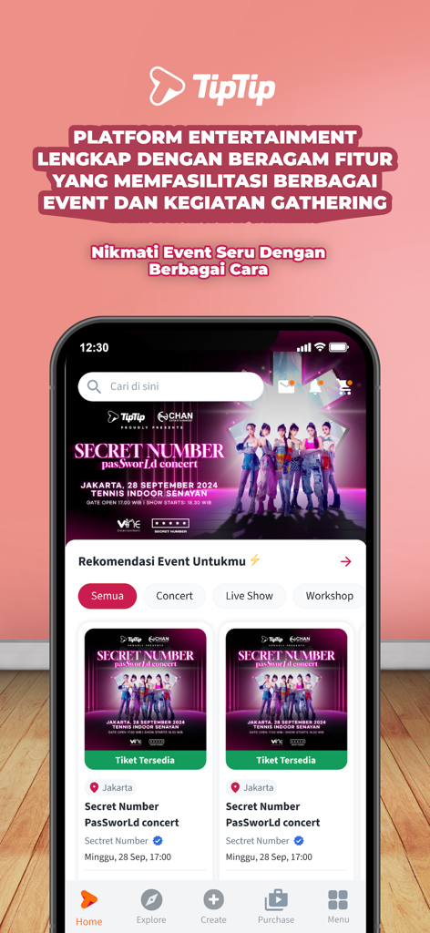 TipTip - TipTip mobile app home screen displaying event recommendations and concert tickets