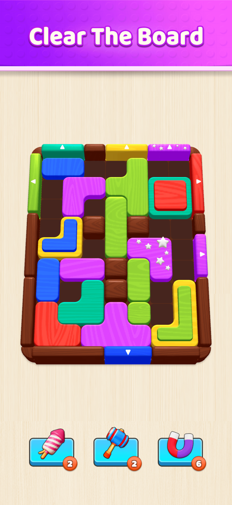 Ein farbenfrohes Blockpuzzle-Spielbrett mit der Überschrift "Clear the board" und Power-Up-Symbolen