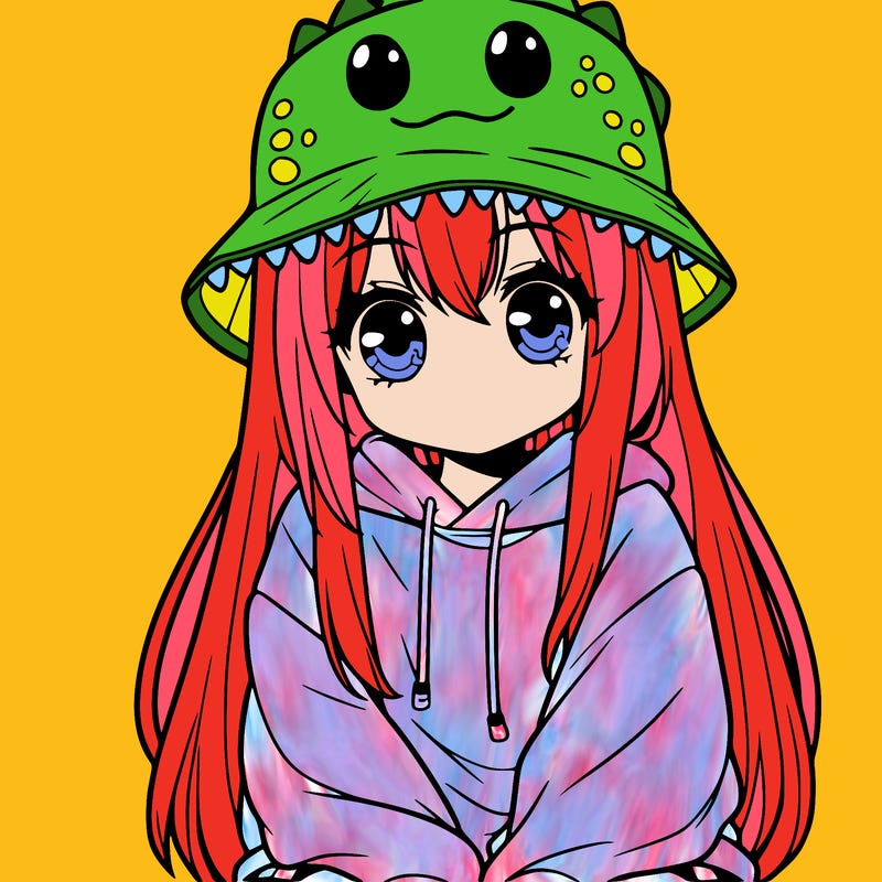 girl with anime shaped eyes with a dinosaur bucket hat oversized sweatshirt long straight hair