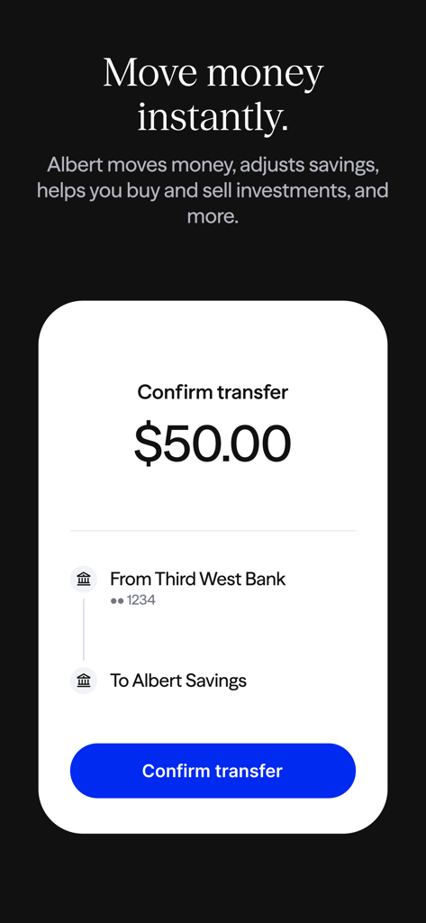 Schermata di conferma trasferimento dell'app Albert che mostra una transazione da cinquanta dollari da una banca ai risparmi