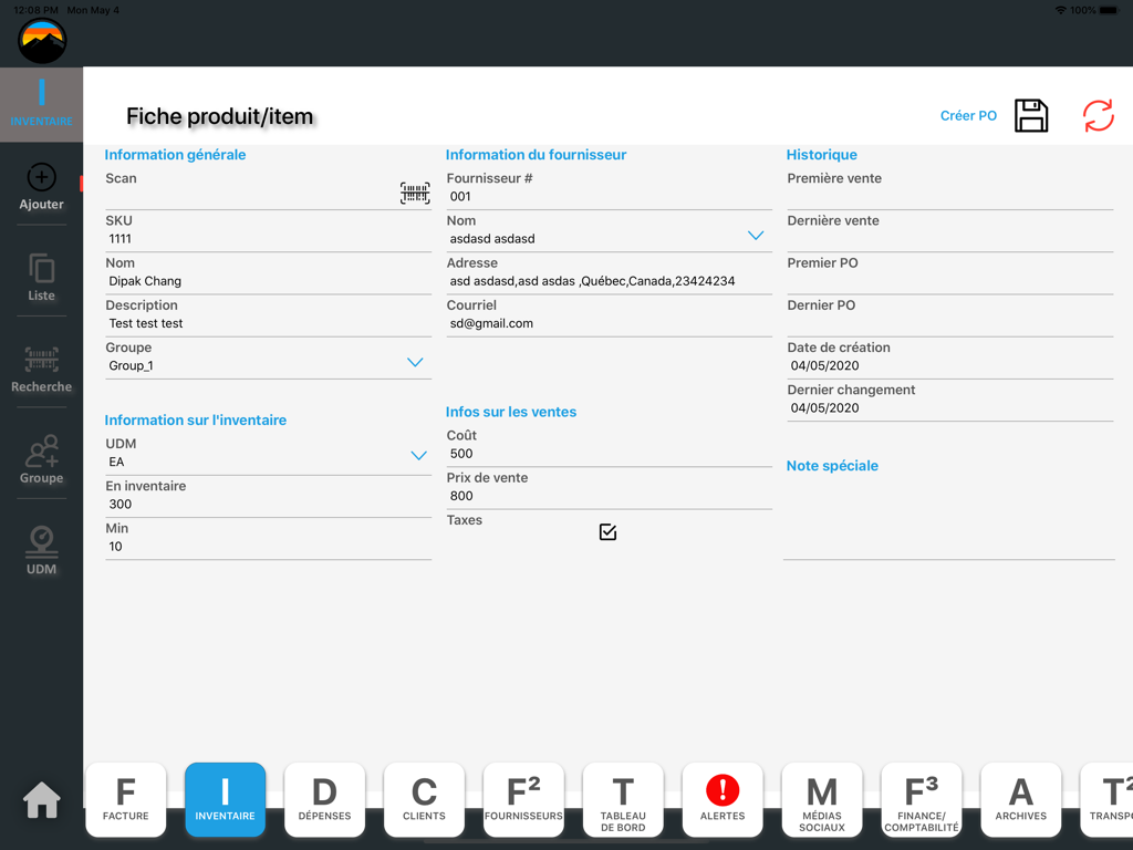 Inventory product sheet interface in the Mon Entreprise ERP app on iPad