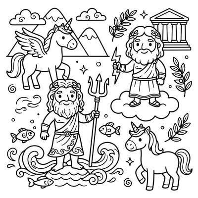 Unleash your child's creativity with this captivating coloring page featuring beloved mythological figures. From mighty Zeus to magical unicorns, it's an educational and artistic journey for young colorists.