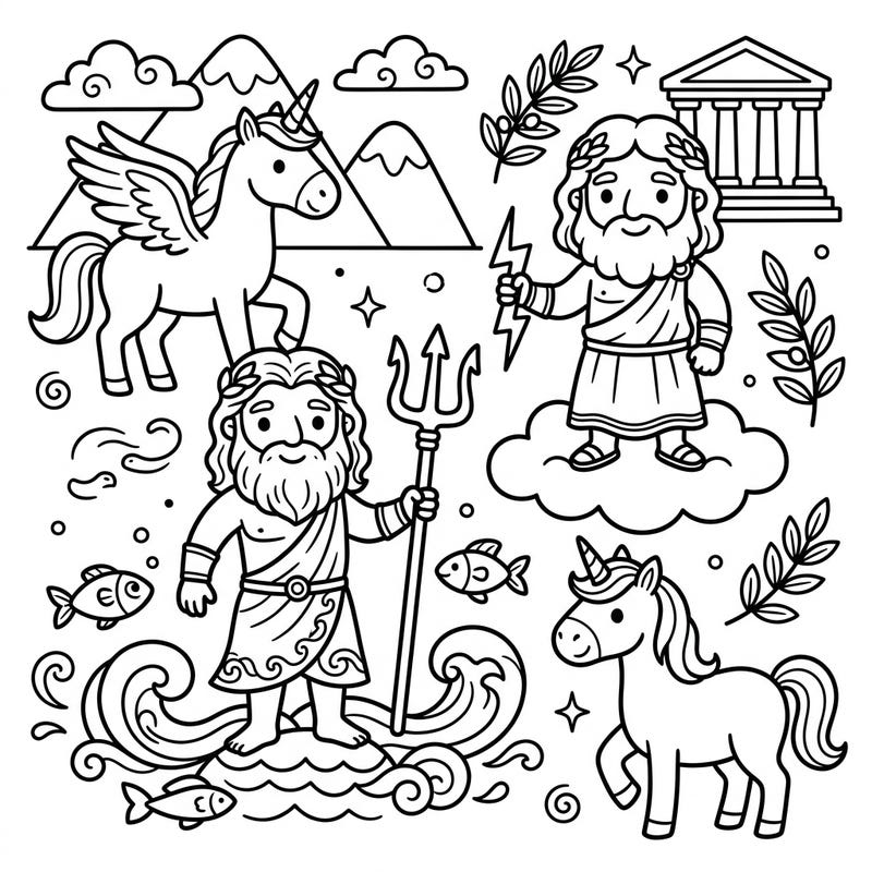 Unleash your child's creativity with this captivating coloring page featuring beloved mythological figures. From mighty Zeus to magical unicorns, it's an educational and artistic journey for young colorists.