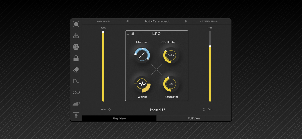 Transit 2 music app interface showing LFO controls in Play View mode
