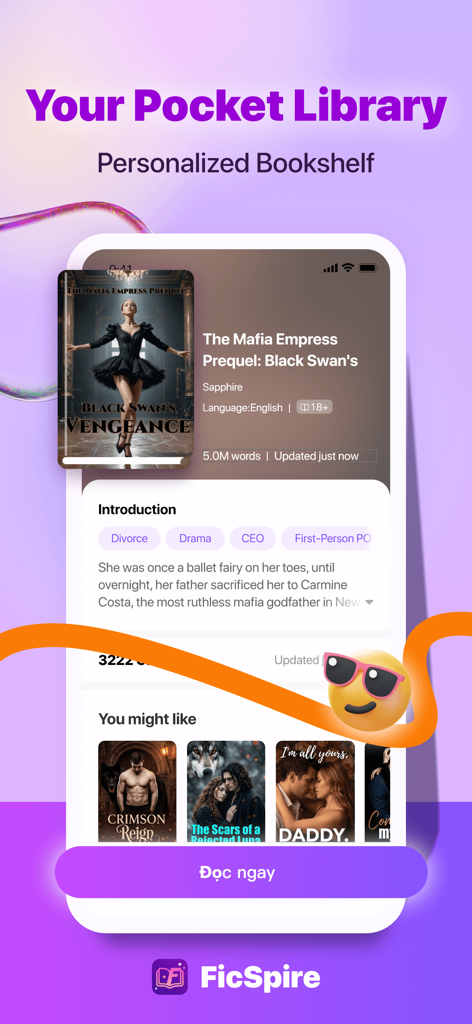 FicSpire mobile app interface showing a personalized library of web novels and stories