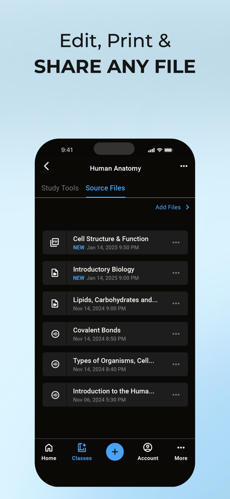 QuickTakes mobile app interface showing a list of uploaded study files and lecture recordings for a Human Anatomy course