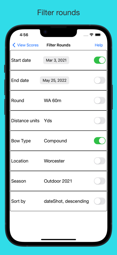 ArcheryLink - ArcheryLink app screen showing options to filter shooting rounds by date bow type and location