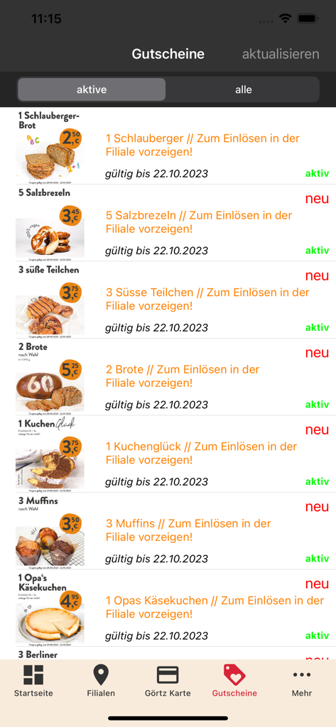 Bäcker Görtz - Bäcker Görtz mobile app screen displaying a list of active digital coupons for bread pastries and cakes