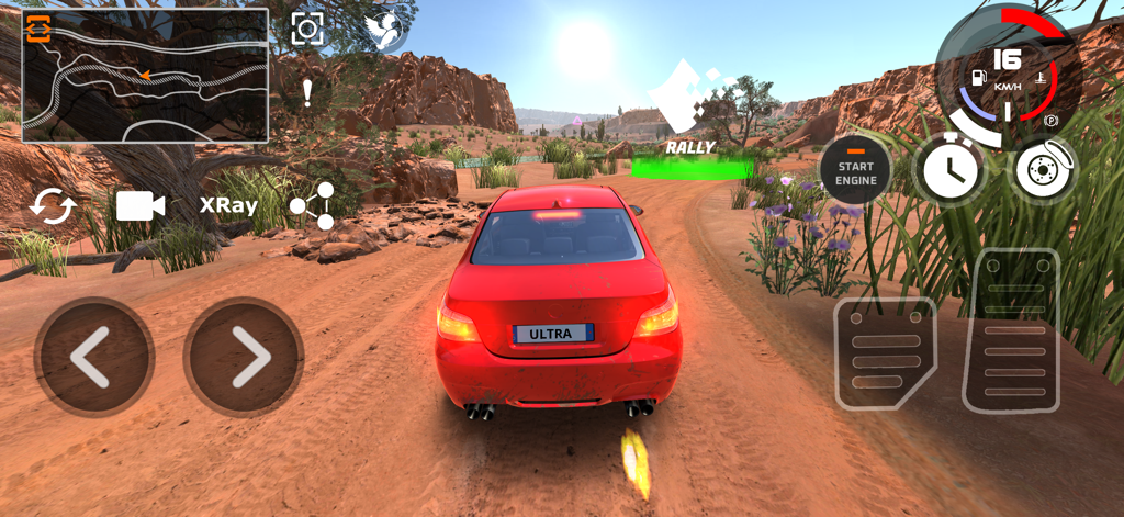 DriveCSX Car Crash Simulator - A red car driving on a dirt road through a desert canyon in the DriveCSX simulator