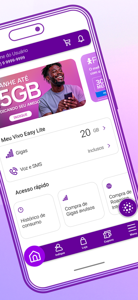 Vivo Easy Internet, App e Voz - Smartphone-Display mit dem Vivo Easy App-Dashboard mit Datenvolumen-Anzeige und Kontoverwaltungsoptionen