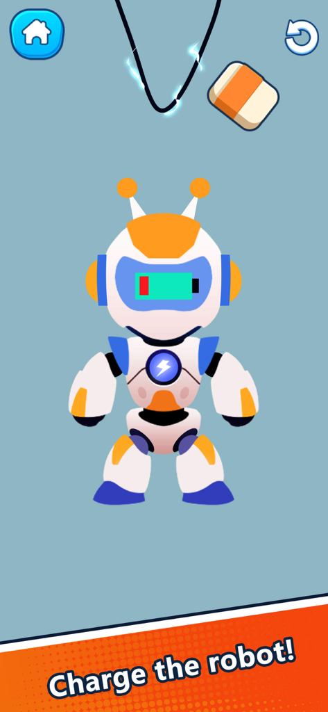 Eraser Magic:-Brain Test - A cartoon robot with a low battery status being charged in a puzzle game level.