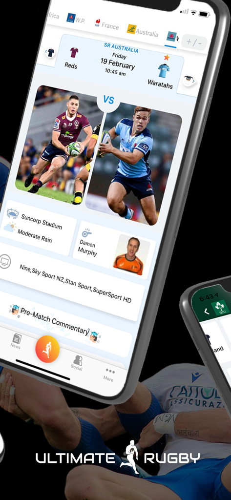 Ultimate Rugby - Ultimate Rugby mobile app interface displaying match information for Reds versus Waratahs including stadium and weather details