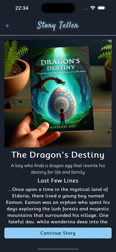 Story Teller - Tell Your Story - Story Teller app screen displaying the fantasy book The Dragon's Destiny with a story preview and continue button.
