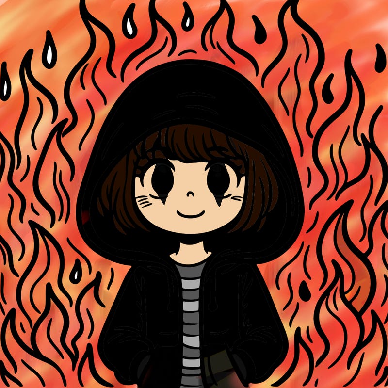 a girl with her hoodie up, surrounded by fire