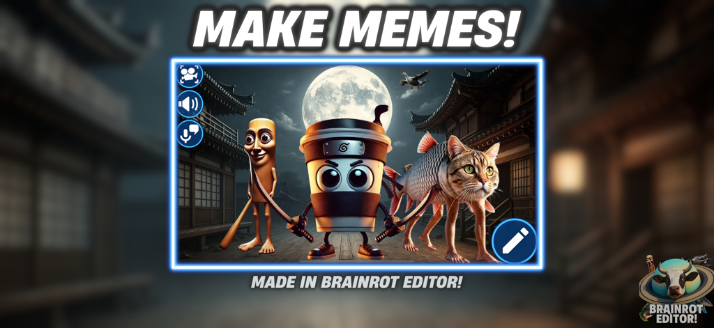 Brainrot Editor! - Brainrot Editor app interface showing a surreal meme scene with absurd characters