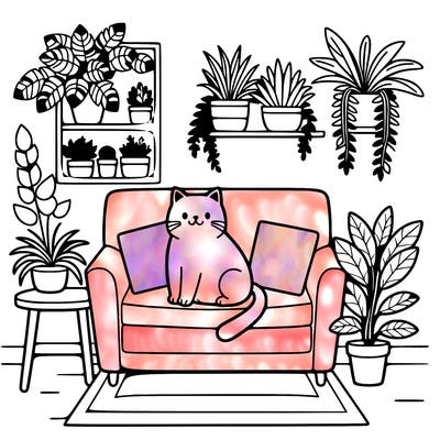 cat on a sofa in a room full of plants