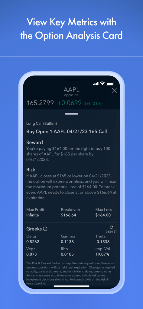 Firstrade: Invest & Trade - Firstrade mobile app interface displaying a detailed option analysis card for an Apple stock call including risk reward metrics and Greeks data