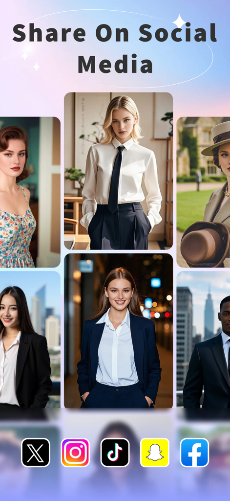 Una colección de retratos generados por IA de alta calidad con iconos de redes sociales para compartir en Instagram, TikTok y Snapchat