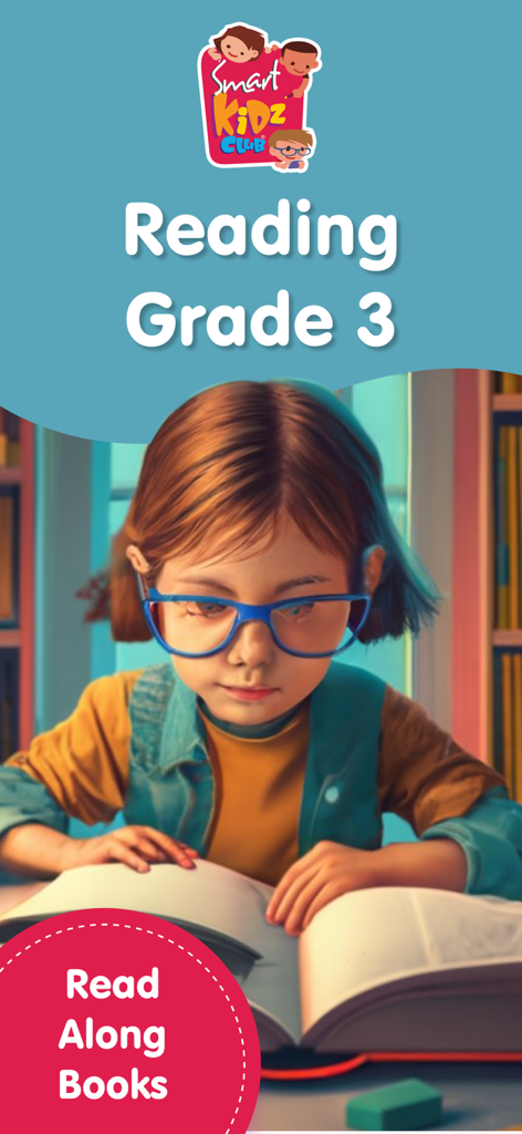 3rd Grade Reading & Phonics - A young student wearing blue glasses reading an open book in the 3rd Grade Reading app interface