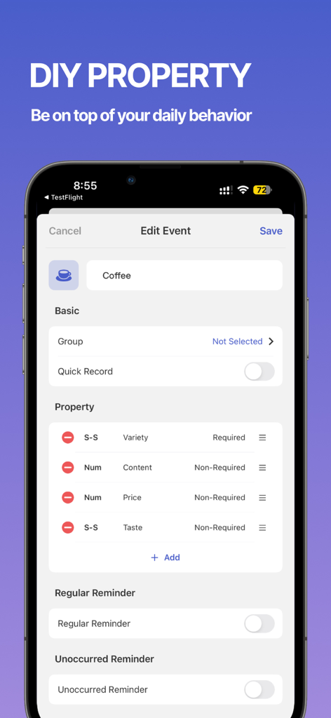 MarkTimes app interface showing DIY property customization for a coffee event including variety price and taste fields
