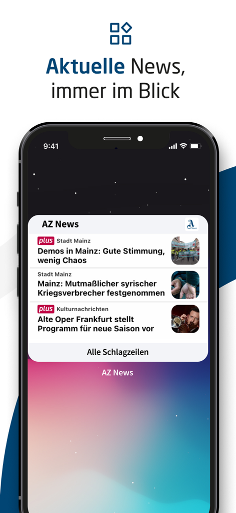 AZ News app widget on an iPhone displaying local headlines from Mainz and Frankfurt