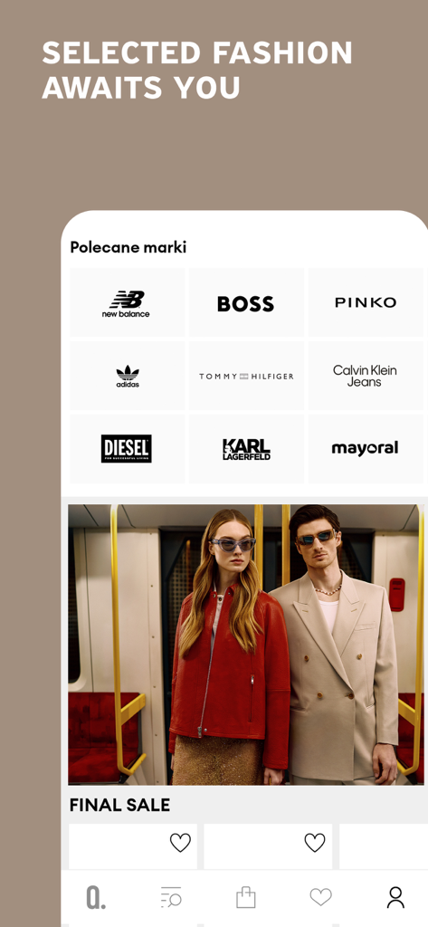 Página de inicio de la app Answear mostrando marcas premium como Boss y Tommy Hilfiger con ropa elegante