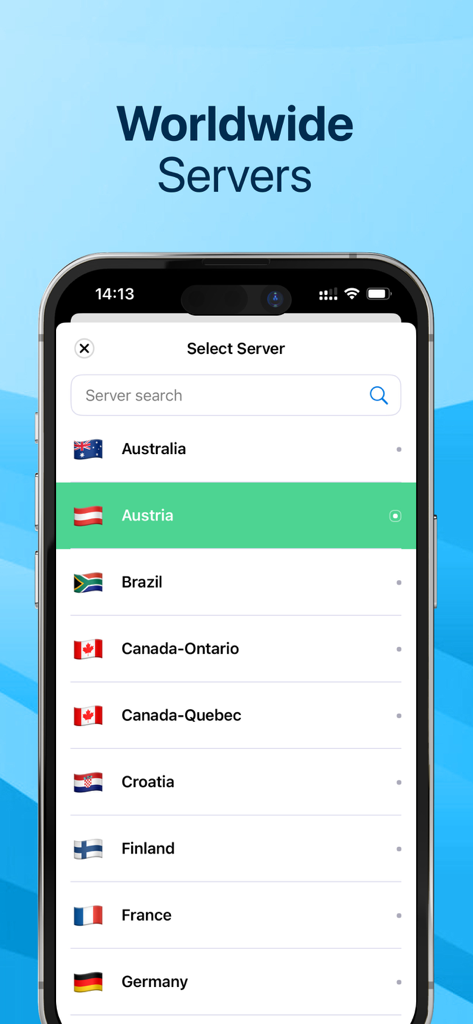 1S VPN- Secure Unlimited Proxy - 1S VPN app interface showing a list of worldwide server locations including Austria and Canada for secure proxy connections