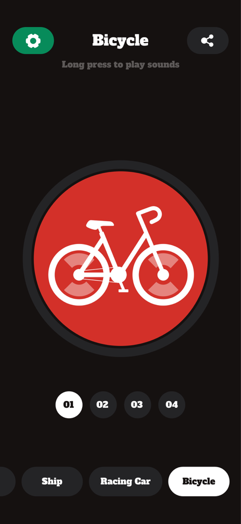 Horn Sounds - Car Horn & Siren - Digital bicycle horn soundboard screen with a large red bicycle button and four selectable tones