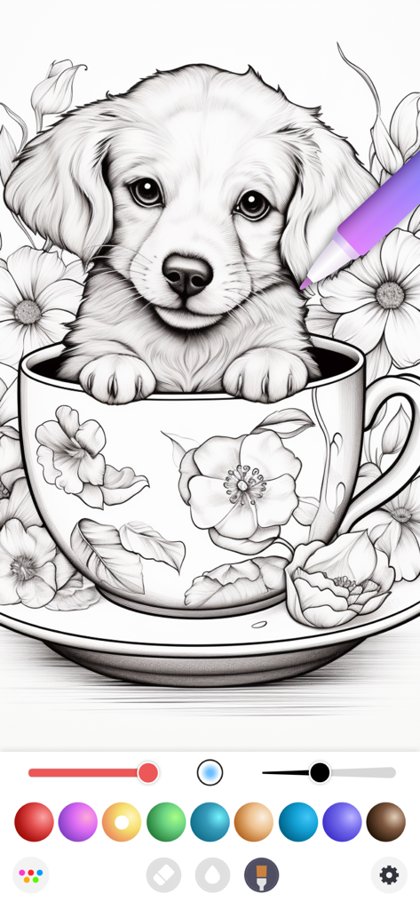 InColor: Coloring & Drawing - Page de coloriage numérique d'un chiot mignon dans une tasse de thé florale avec divers outils d'art et palettes de couleurs